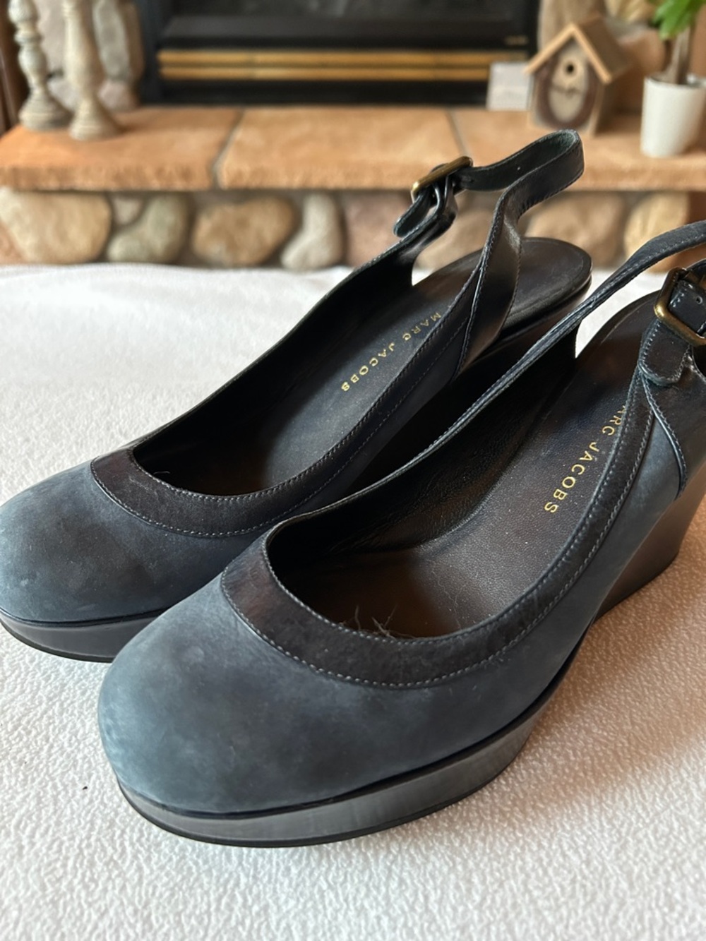 Marc Jacobs Navy Blue Velvety Suede Slingback Platform Wedges, Size 7